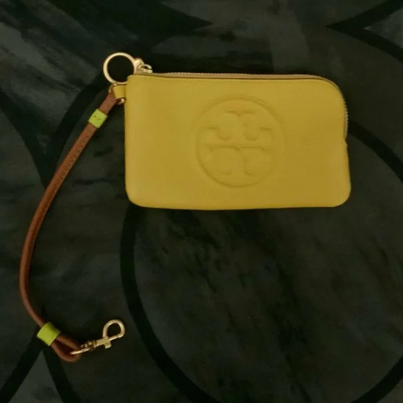 🆑 Tory Burch Authentic Leather Color Block Zip Card Case Yellow NWT